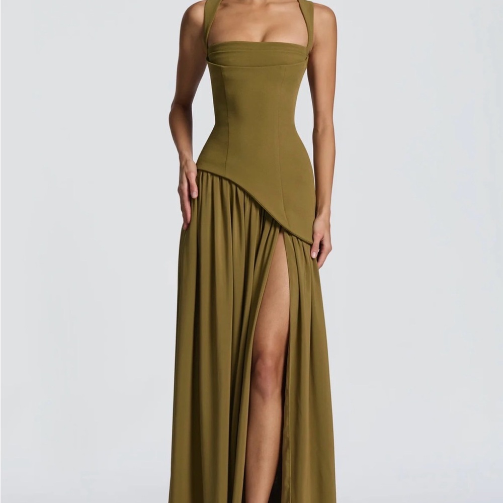 Olive Formal Maxi Dress with High Slit